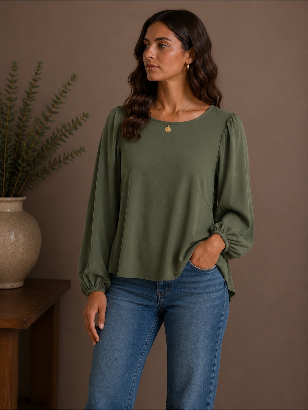 Nine West Olive Long Sleeve Blouse